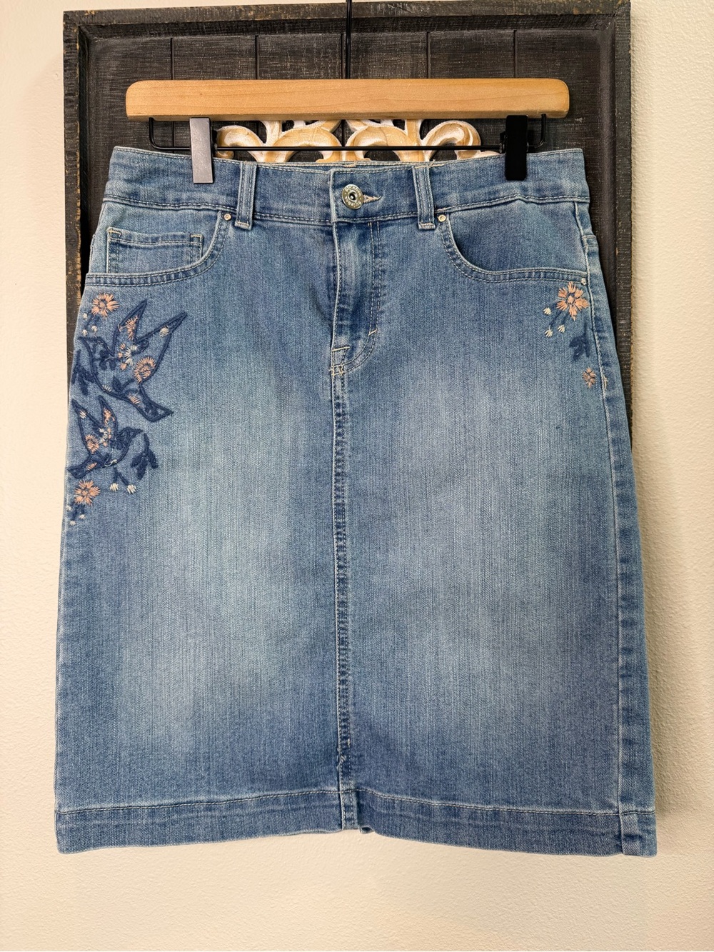 Style & Co Embroidered Light Blue Denim Midi Skirt